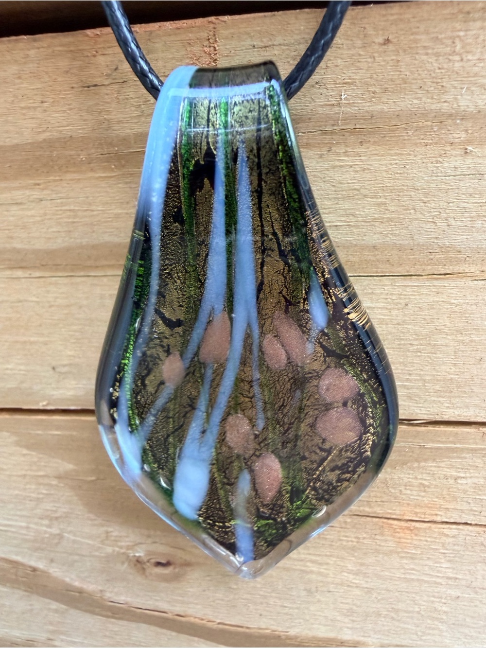 Handblown Murano Style Metallic Earth Tone Glass Pendant Necklace on Black Cord